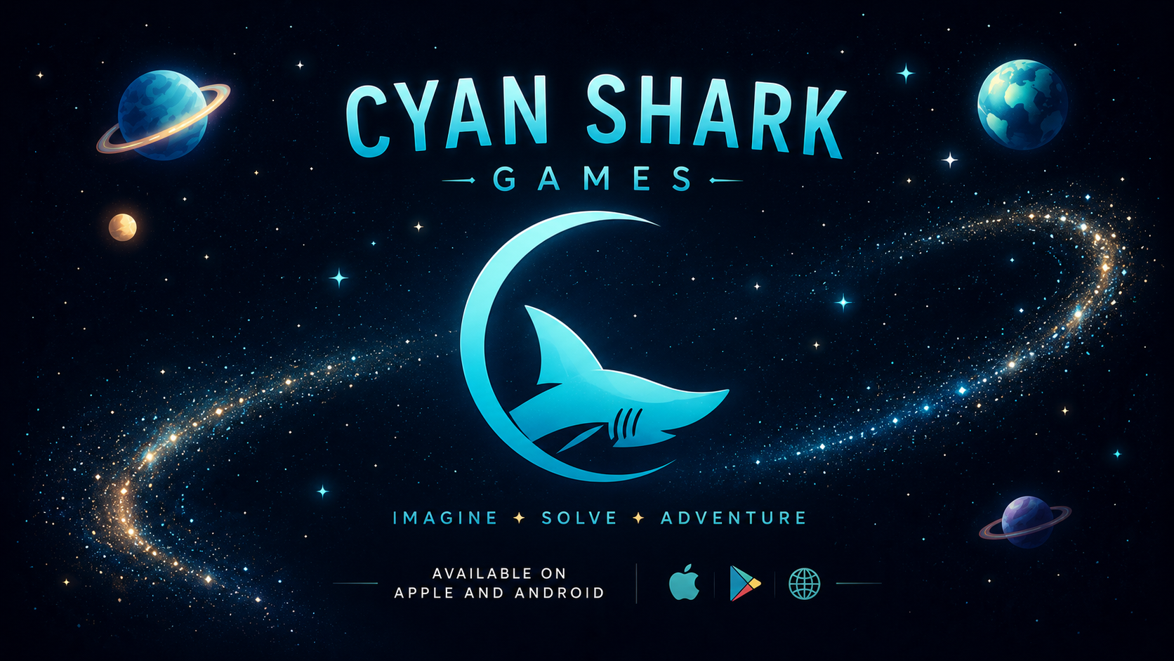 Cyan Shark Games banner — the shark crescent among planets and star trails