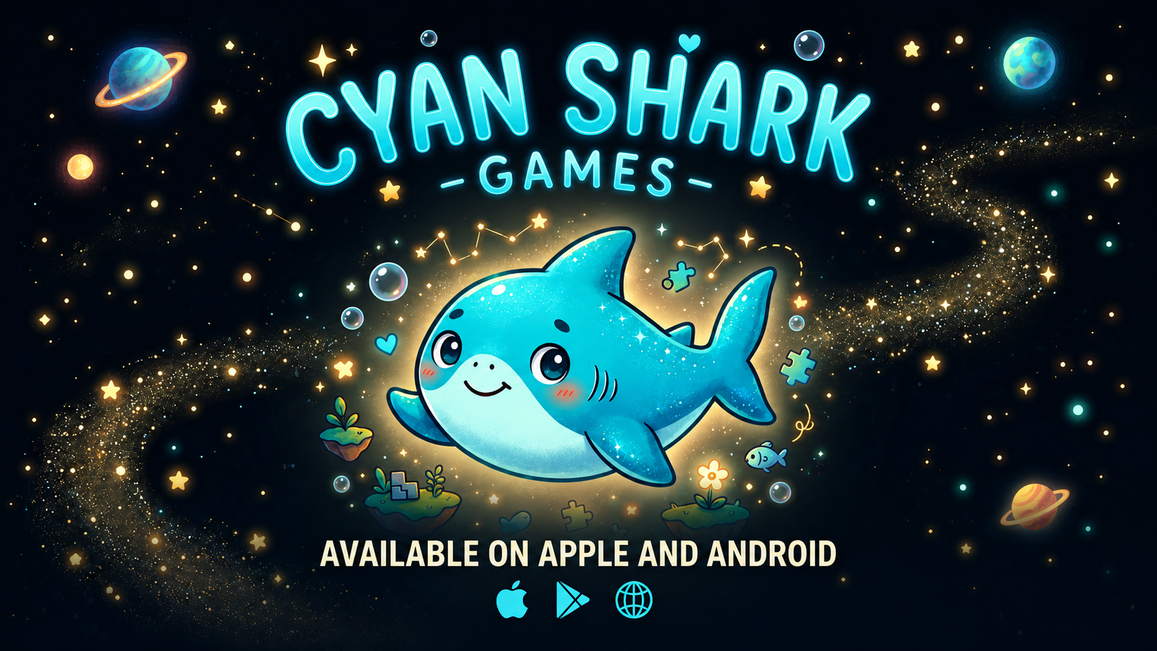 The Cyan Shark mascot — a small, smiling shark drifting among stars and puzzle pieces