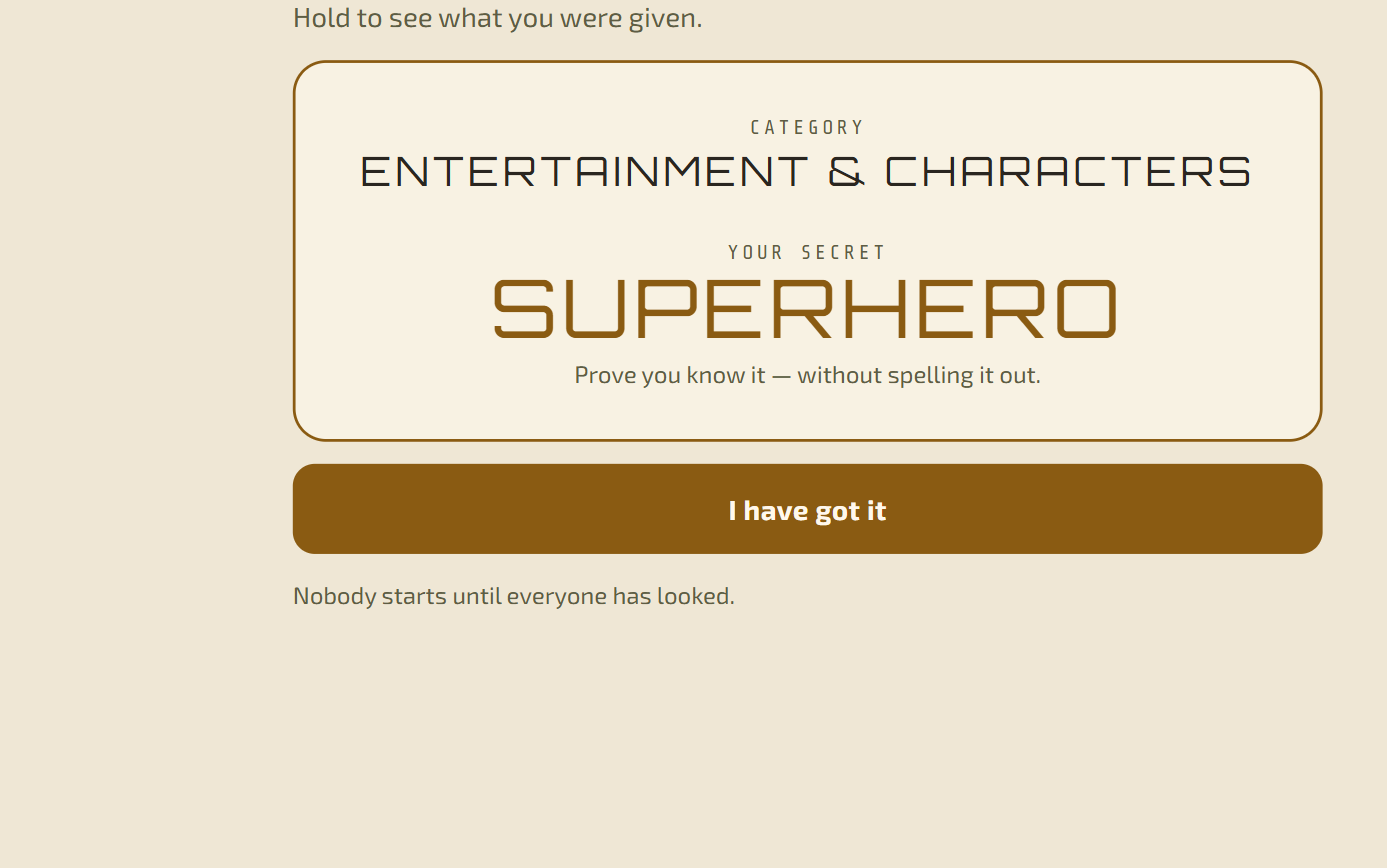 An Open Secret role card: category Entertainment & Characters, and the secret word SUPERHERO.